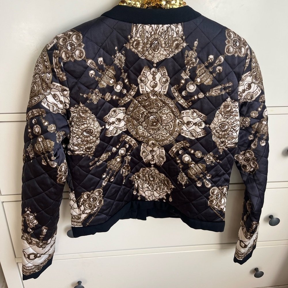 MARCHESA Voyage Notte Silk Scarf Quilted Bomber Jacket Blazer - Picture 5 of 8